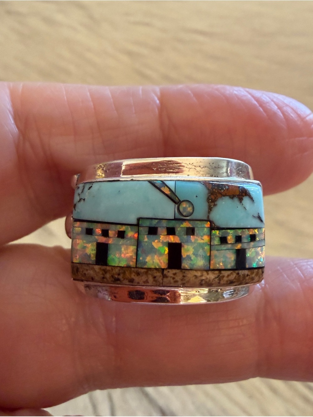 ❤️ Signed Galaxy Micro Inlaid Large Pueblo Scene Sterling Ring Sz 9 Unisex 8.7G